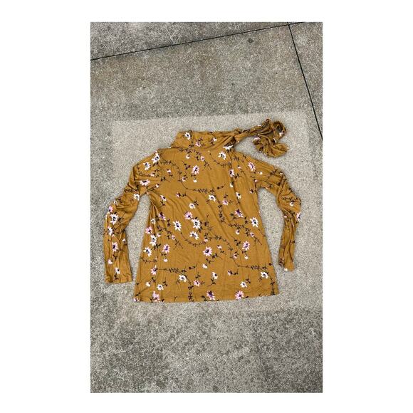 Ann Taylor Shirt Women Size Medium Mustard Floral Tie Neck Long Sleeve Blouse - Picture 1 of 5